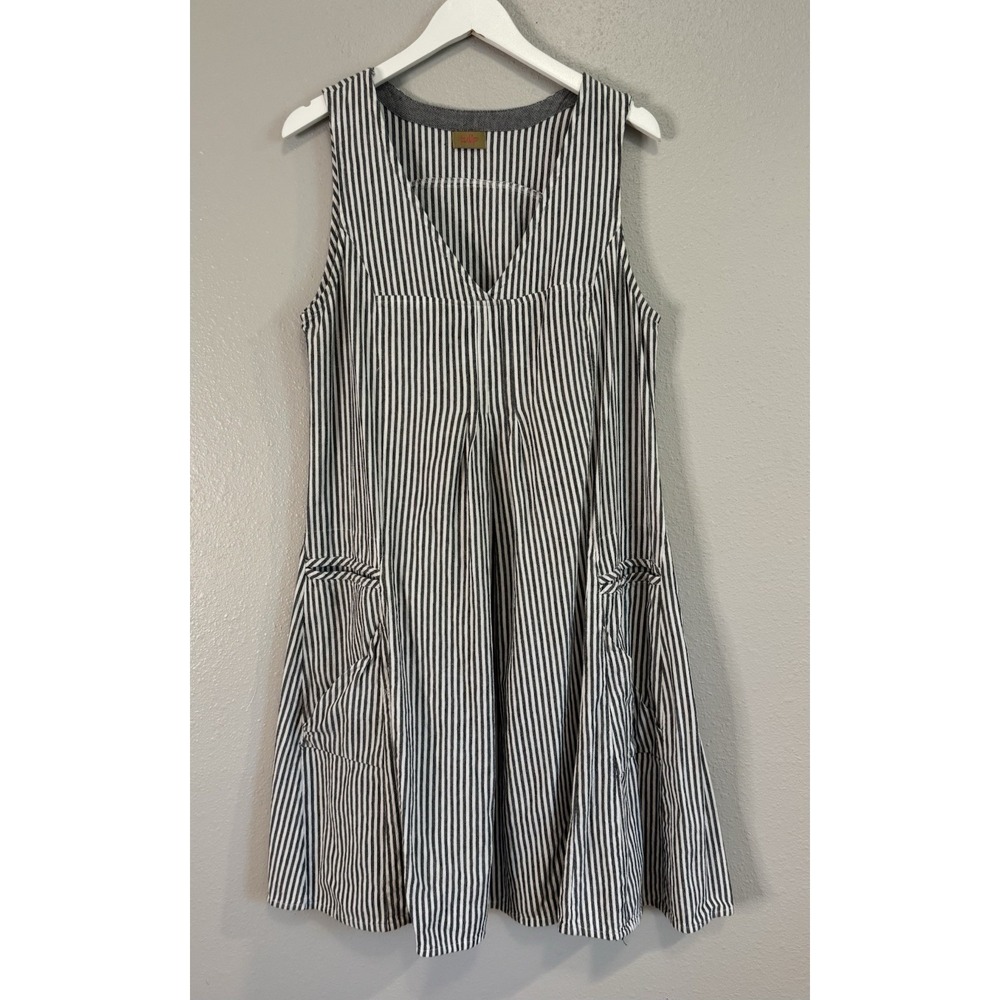 Tulip XL Striped Cotton Tunic Dress Lagenlook Boho Coastal Art Teacher Pockets